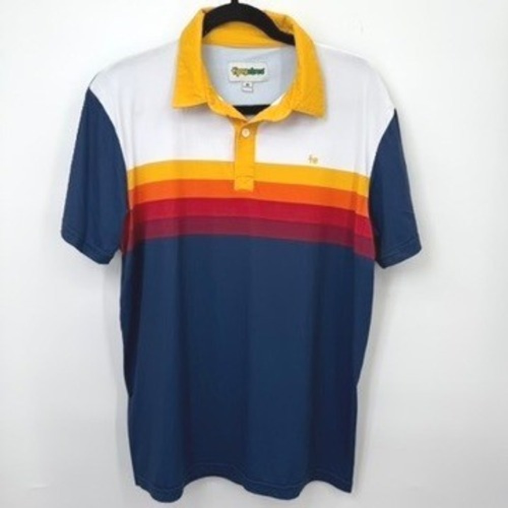 Tipsy Elves Polo Shirt Mens M Polyester Spandex Retro Rainbow Stripe Golf Sporty
